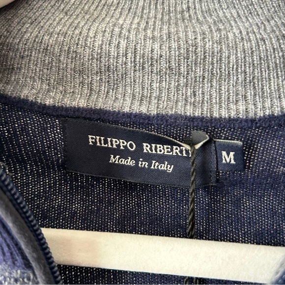 [M] NWT Filippo Riberti Italy Navy Blue Wooly Quarter Zip Longsleeve Sweater - Picture 9 of 12